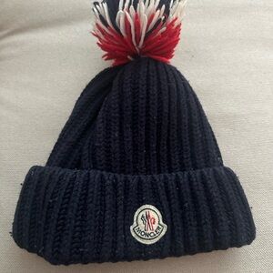 Moncler Dark Blue Beanie with Red and White Pom-Pom